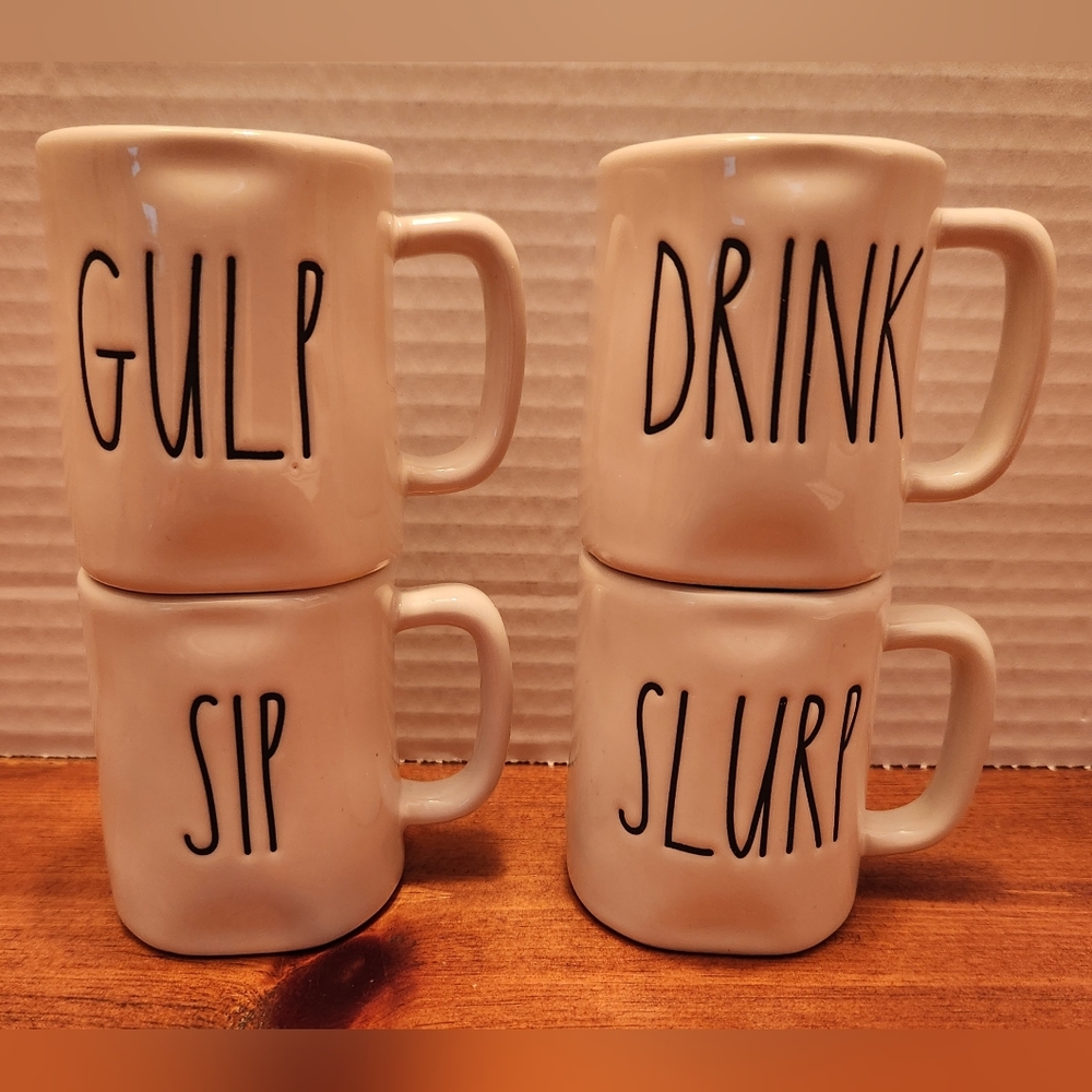 Rae Dunn 4 White Coffee Espresso Mini Mugs “Gulp Sip Slurp Drink” Cups